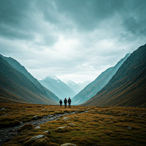 Explorers hiking in atmospheric mountains